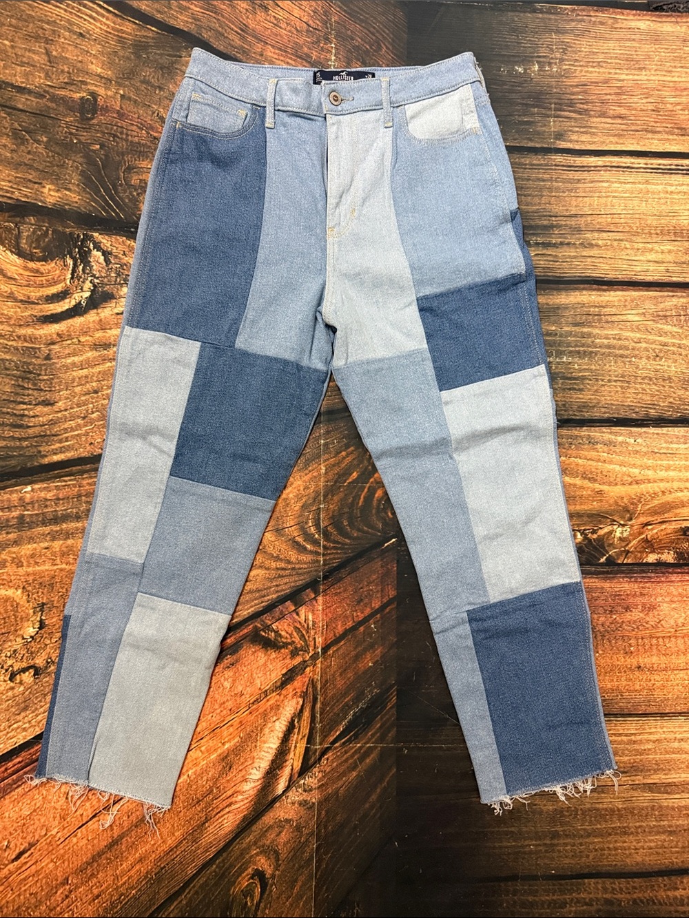 Hollister Patchwork Light and Dark Blue Cropped Jeans